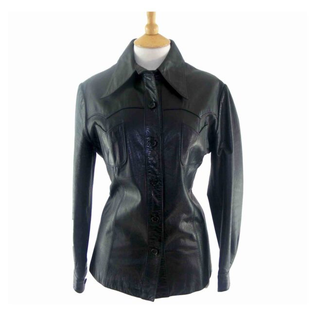 70s Black Button Up Leather Jacket - 14