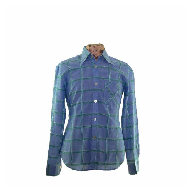 70s Blue Checked Pure Cotton Shirt - M