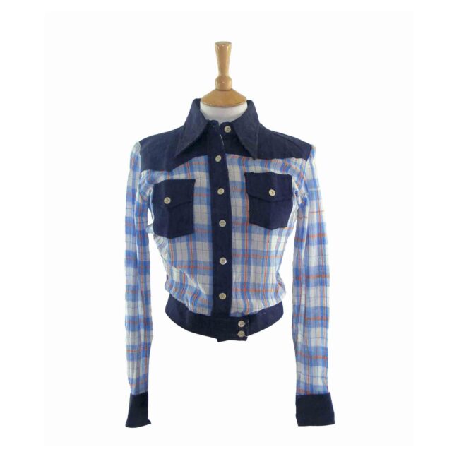 70s Blue Denim Checked Western Shirt - 10