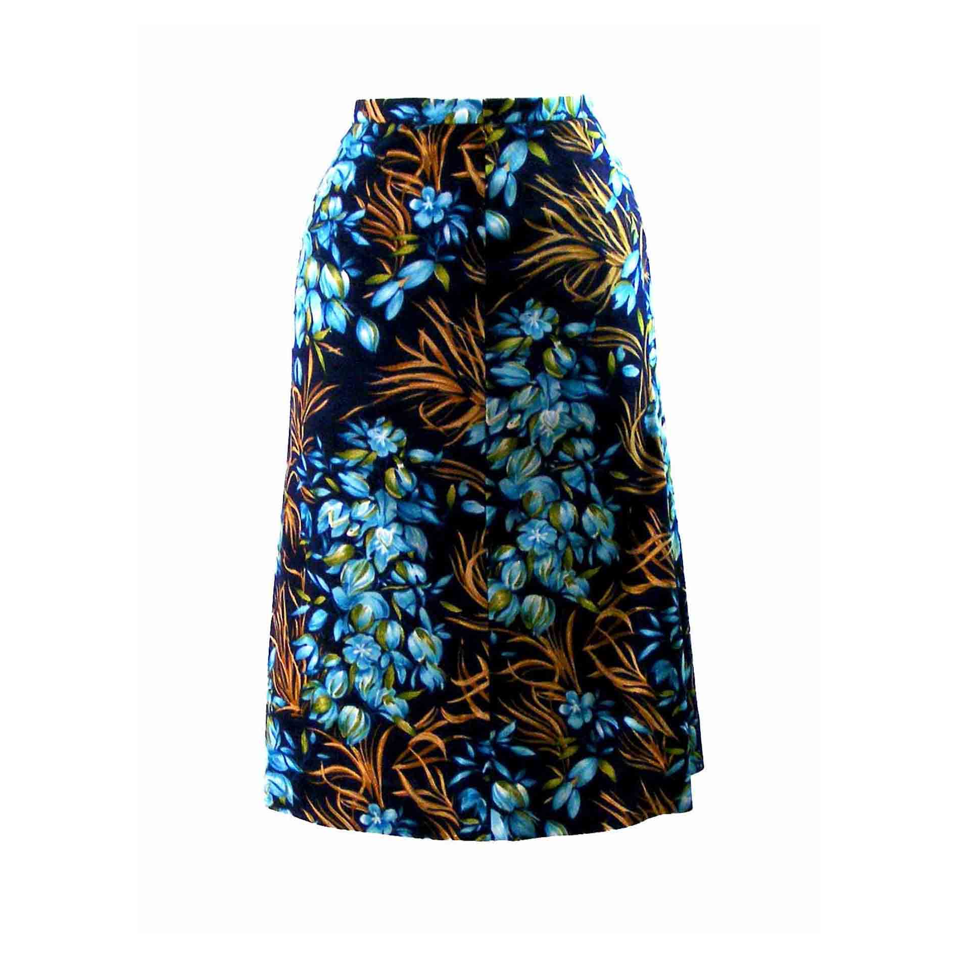 70s Blue Floral Print A Line Pleated skirt - Blue 17 Vintage Clothing