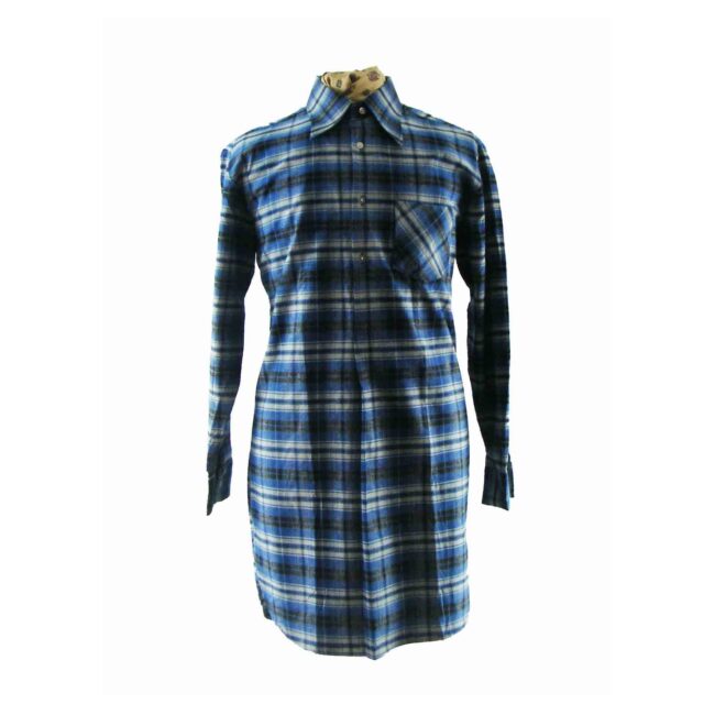 70s Blue Plaid Grandfather Shirt - XL