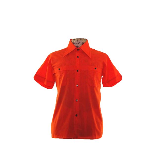 70s Bright Orange Big Collared Short Sleeve Shirt - L