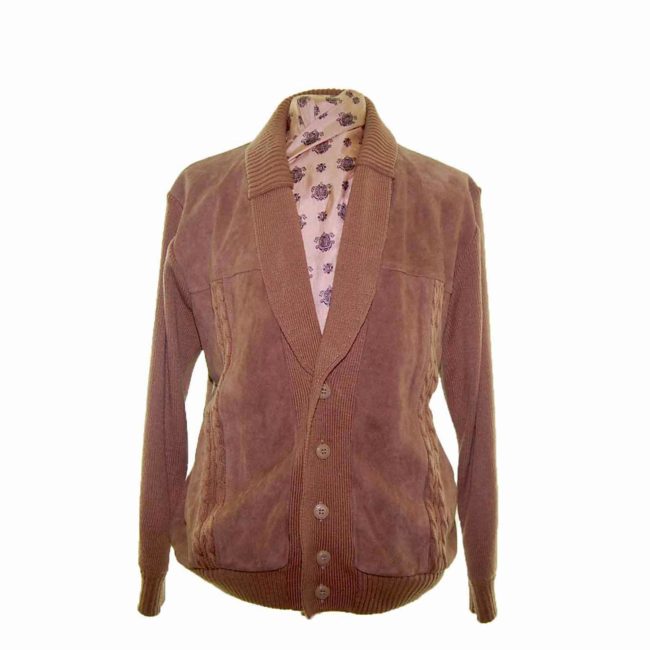 70s Brown Suede Cable Knit Mens Button Cardigan - L