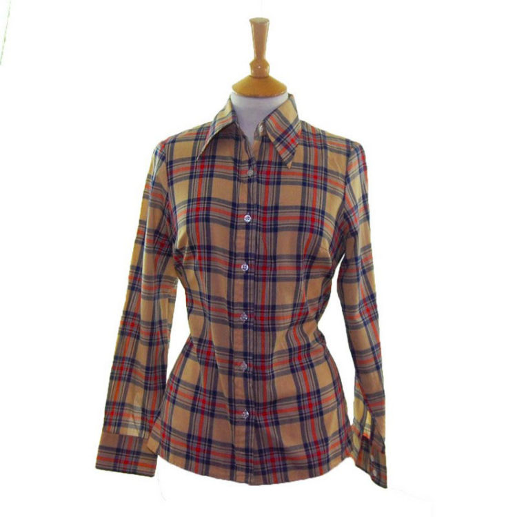 70s Check Long Collar Blouse