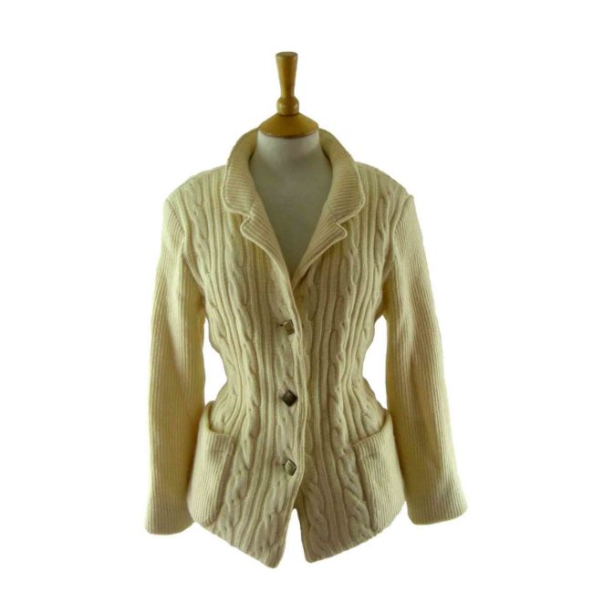70s Chunky White Wool Cable Knit Cardigan - 12