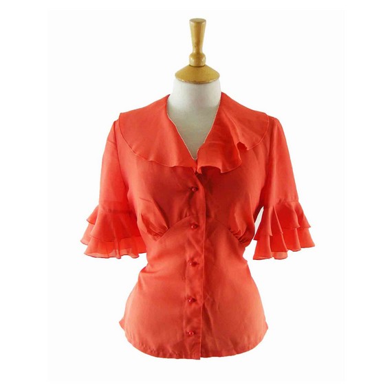 70s shirts women’s - 70s Flamenco Style Pink Blouse