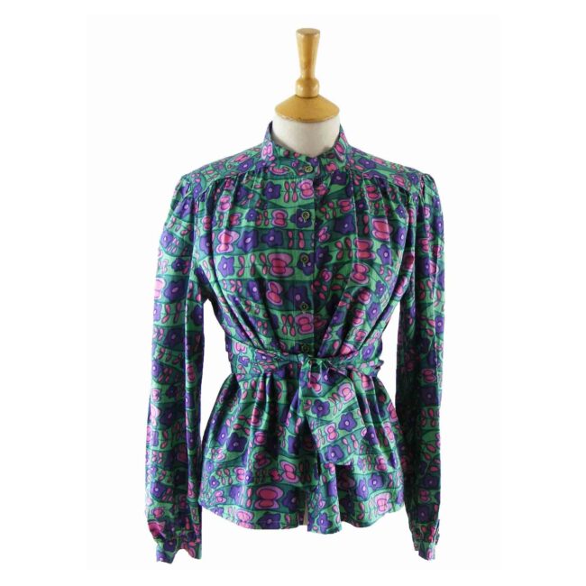 70s-Floral-Print-Green-Purple-Silk-Blouse