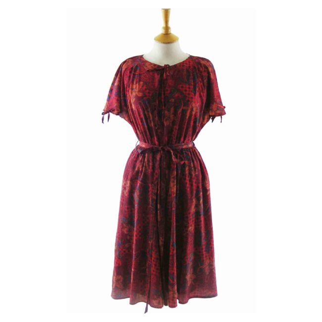 70s Paisley Floral Print Red A Line Dress