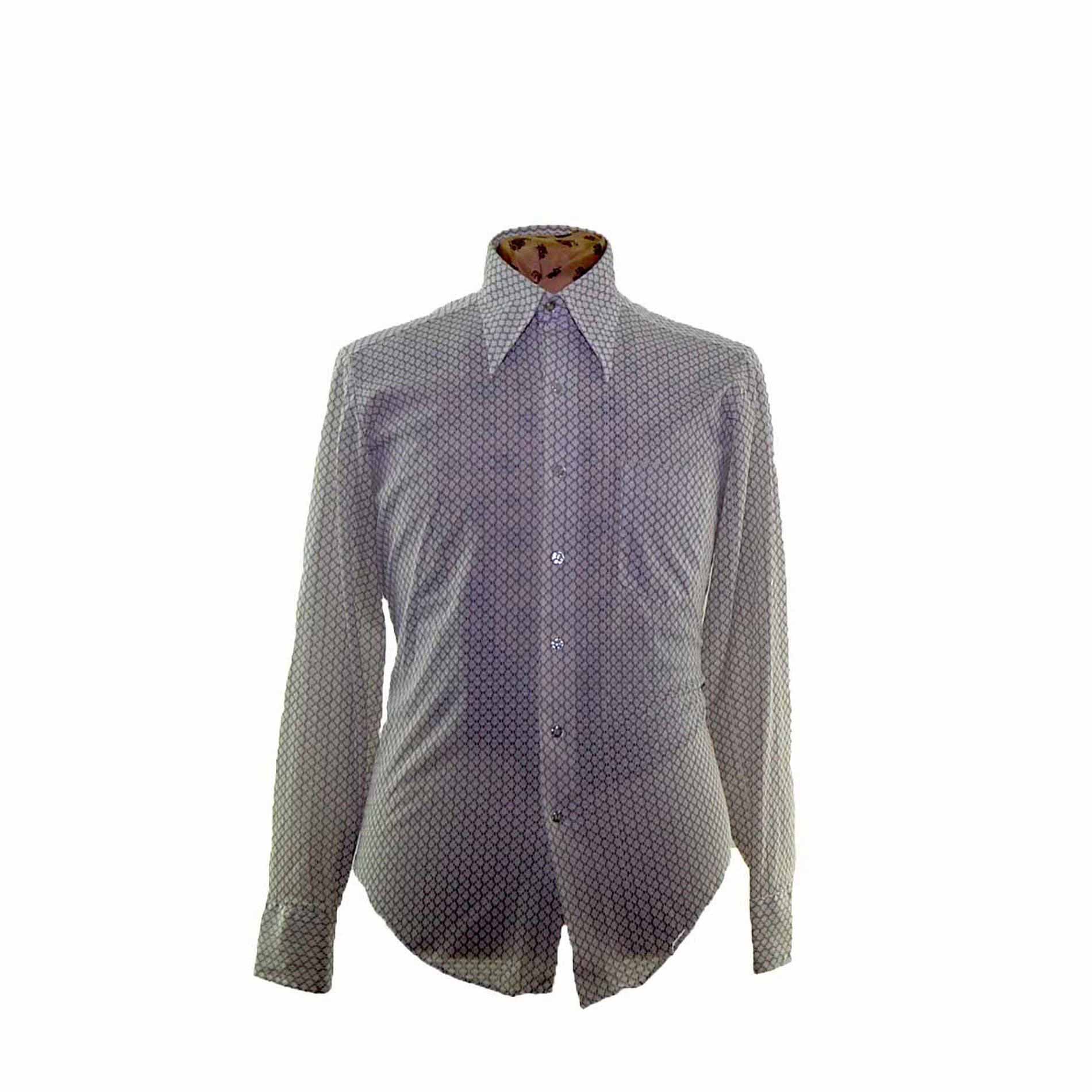 70s Geometric Patterned Long Sleeve Shirt - Blue 17 Vintage Clothing