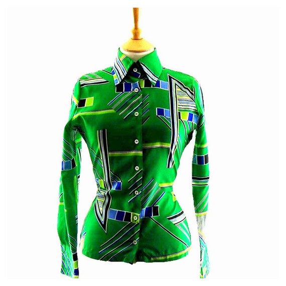 70s shirts women’s - 70s Green Geometric Graphics Blouse
