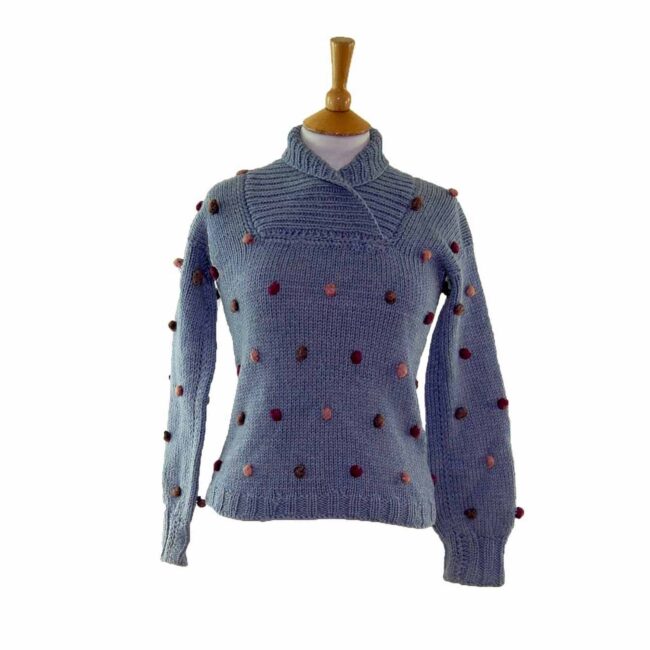 70s Ladies Hand Knitted Pure Wool  Blue Sweater  - 6