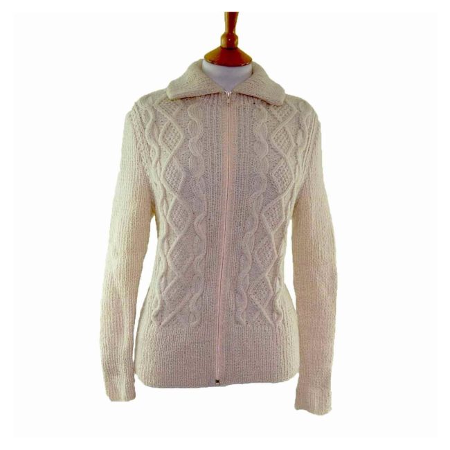 70s Ladies White Cable Knit Cardigan Womens Size - 10