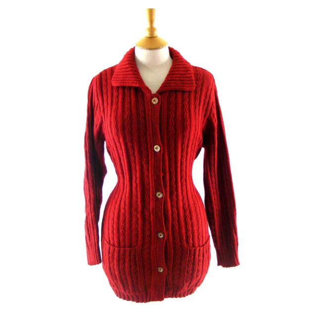 70s Long Red Ribbed Knitted Cardigan - 12