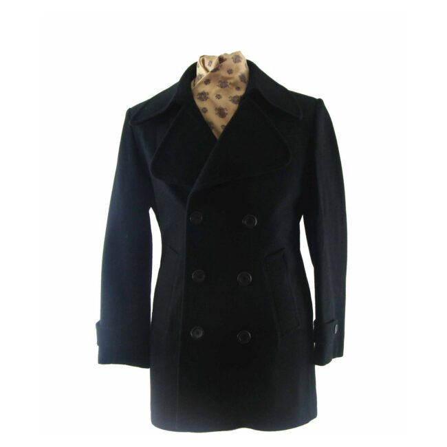 70s Mens Navy Blue Wool Pea Coat - M