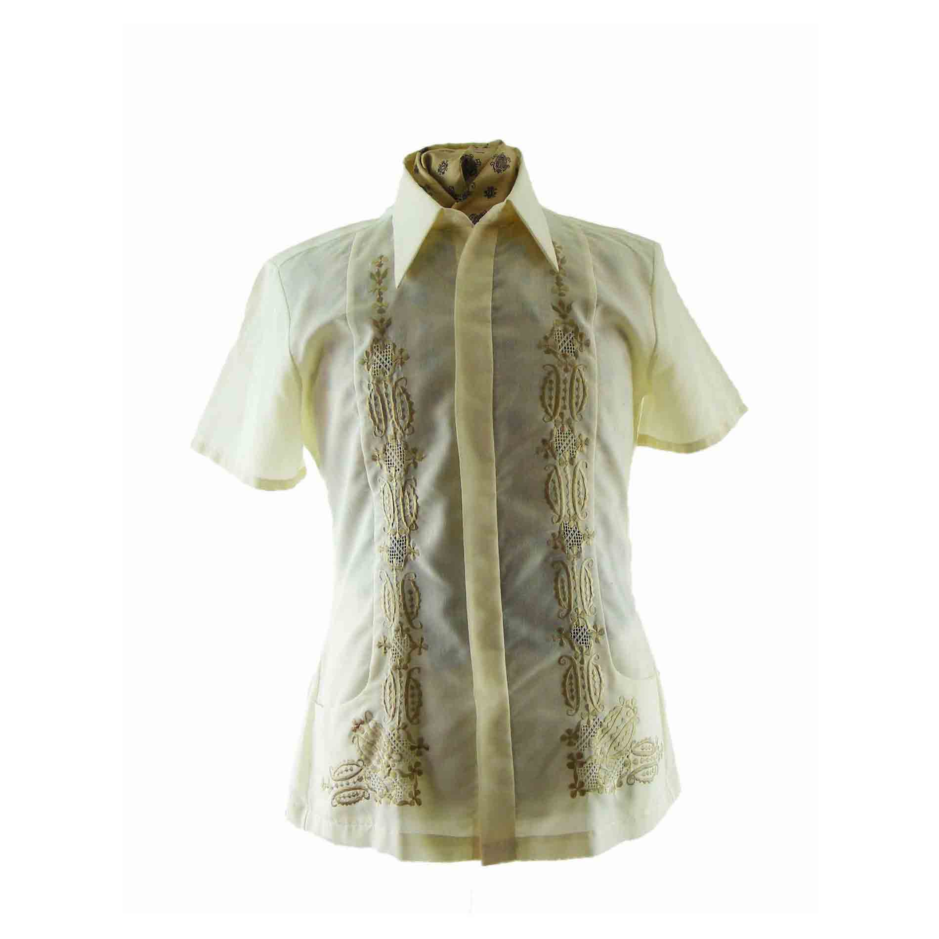 70s Pale Yellow Embroidered Guayabera Shirt - M
