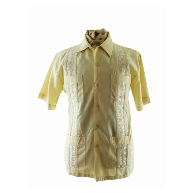 70s Pale Yellow Guayabera Shirt - L