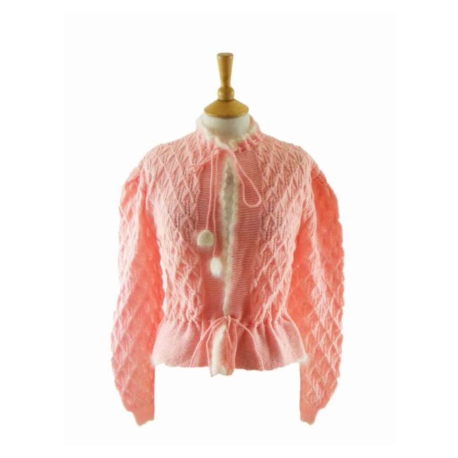 70s pink Honeycomb Pattern Knitted Cardigan