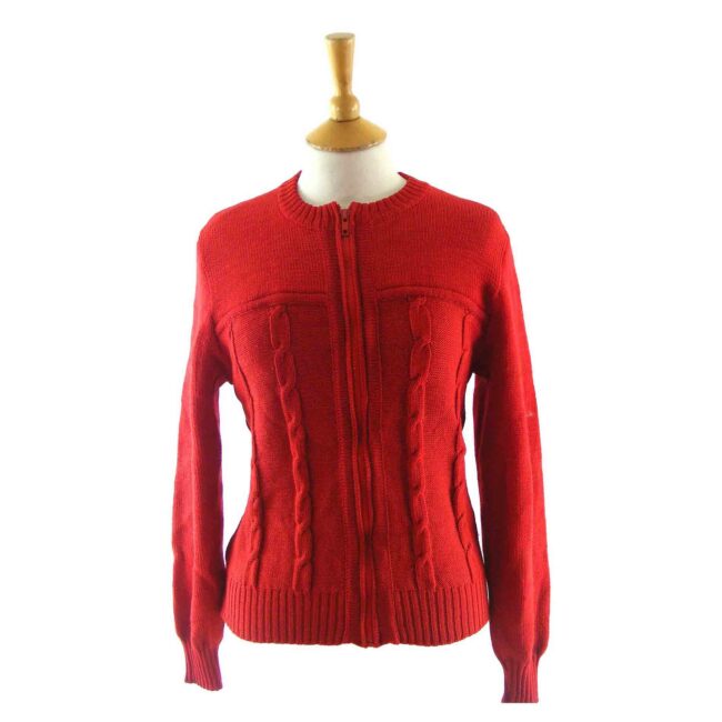 70s Red Ribbed Zip Up Cardigan - 10