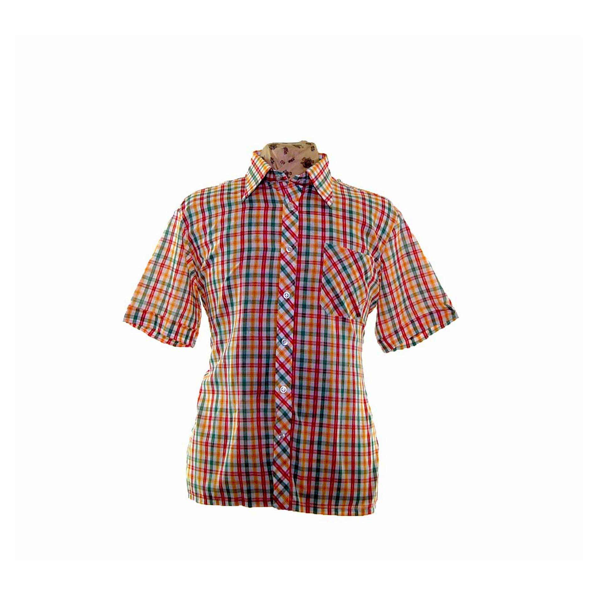 70s Short Sleeved Multicoloured Checked Shirt - Blue 17 Vintage Clothing