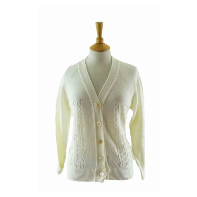 70s White Cable Knit V Neck Cardigan - 12
