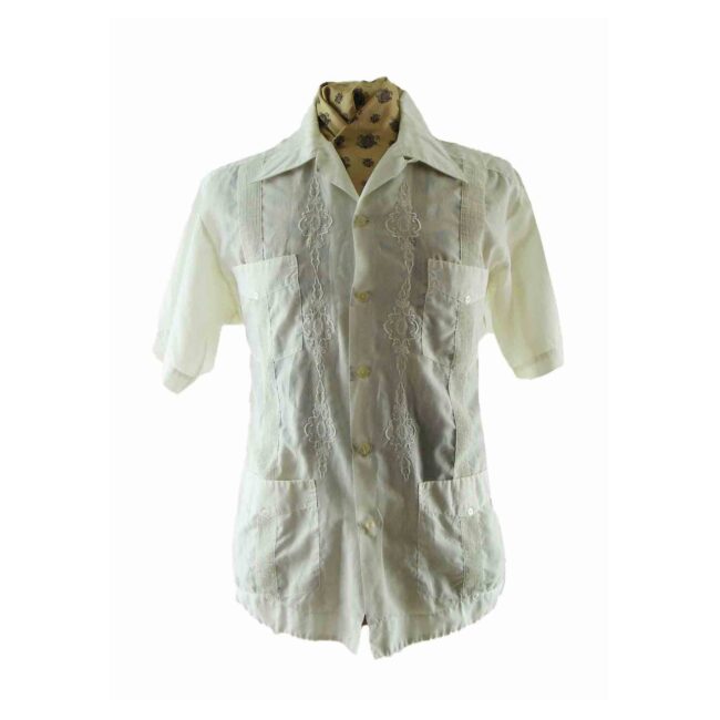 70s White Cuban Shirt - L