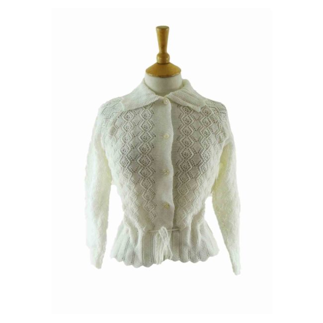 70s White Diamond Patterned Knitted Cardigan - 14