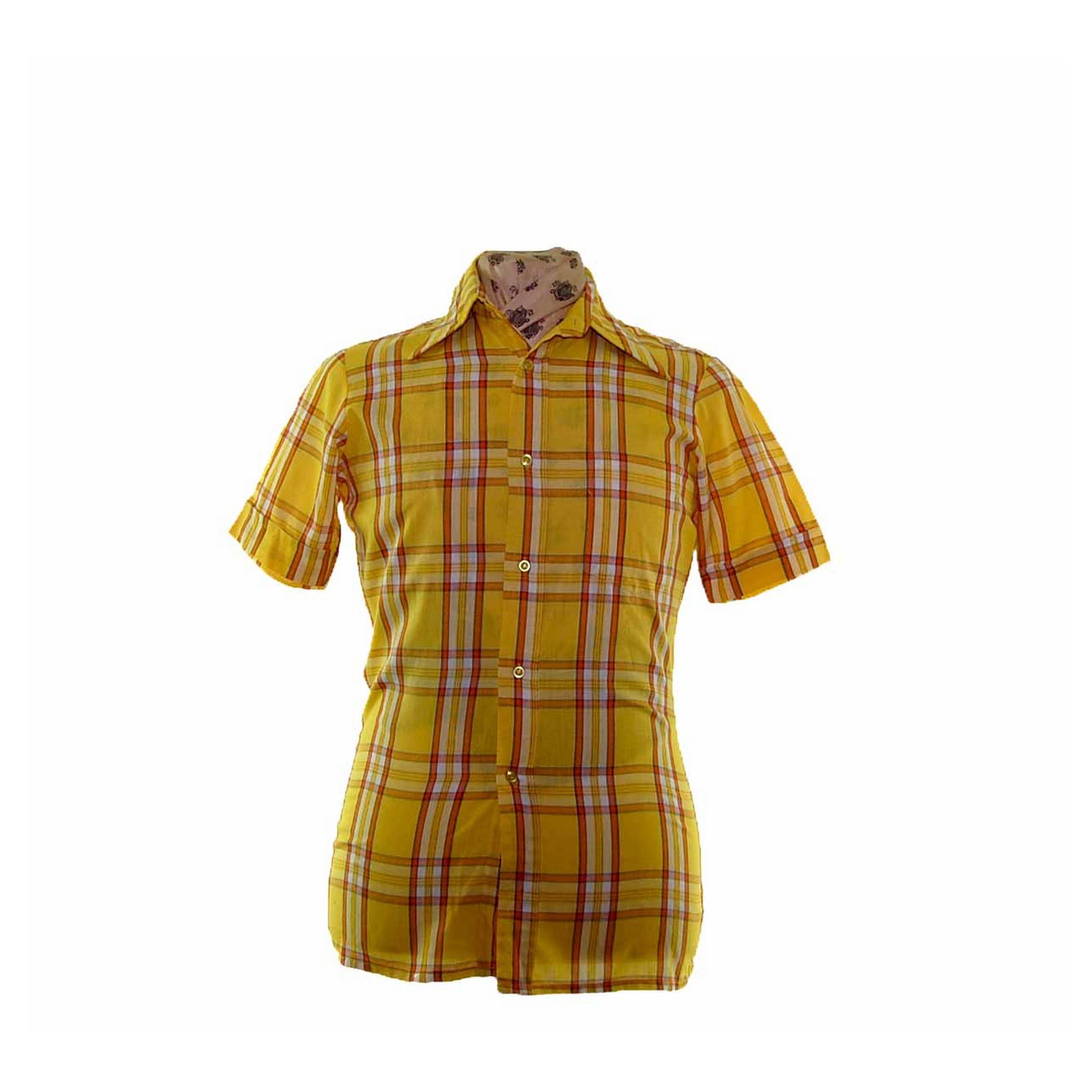 70s Yellow Checked Short Sleeve Shirt - Blue 17 Vintage Clothing