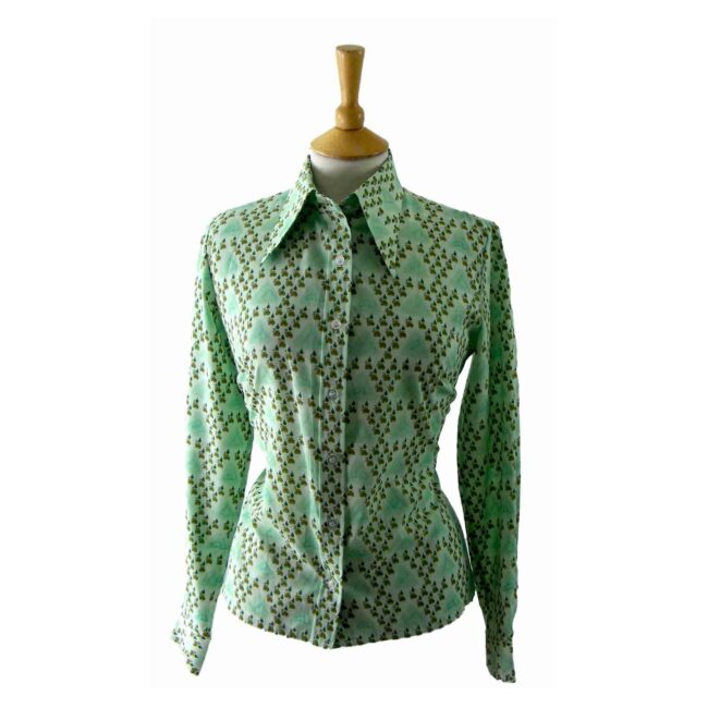 70s Abstract print green blouse