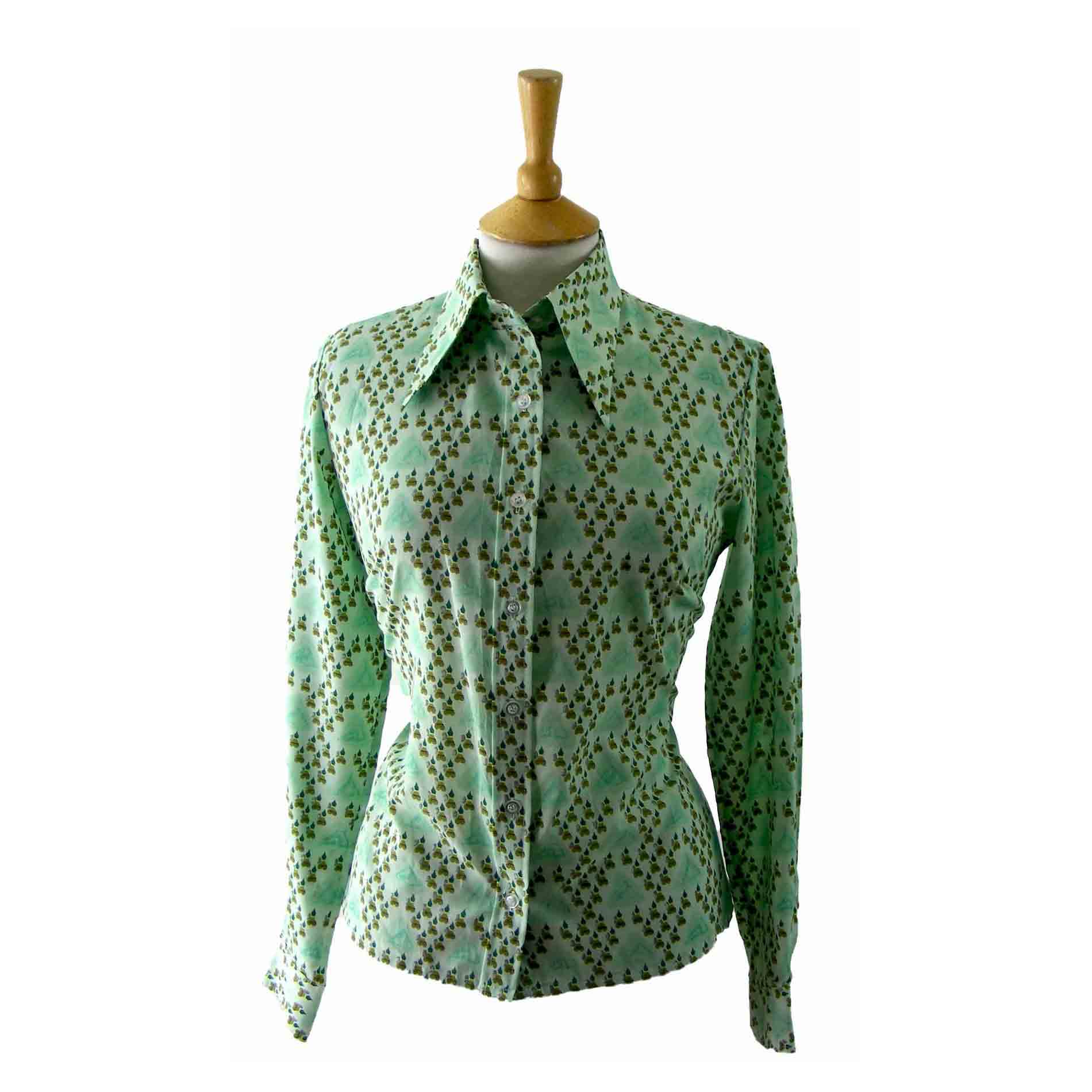 70s Abstract print green blouse