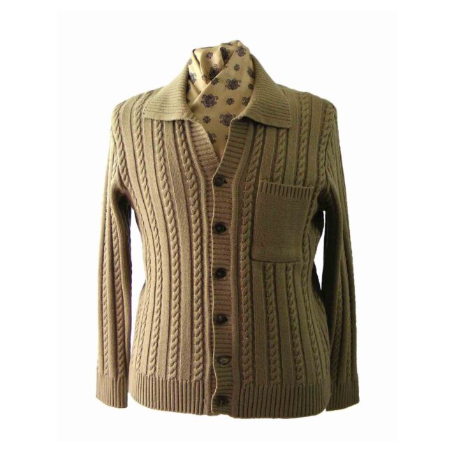 70s Beige Collared Cable Knit Cardigan
