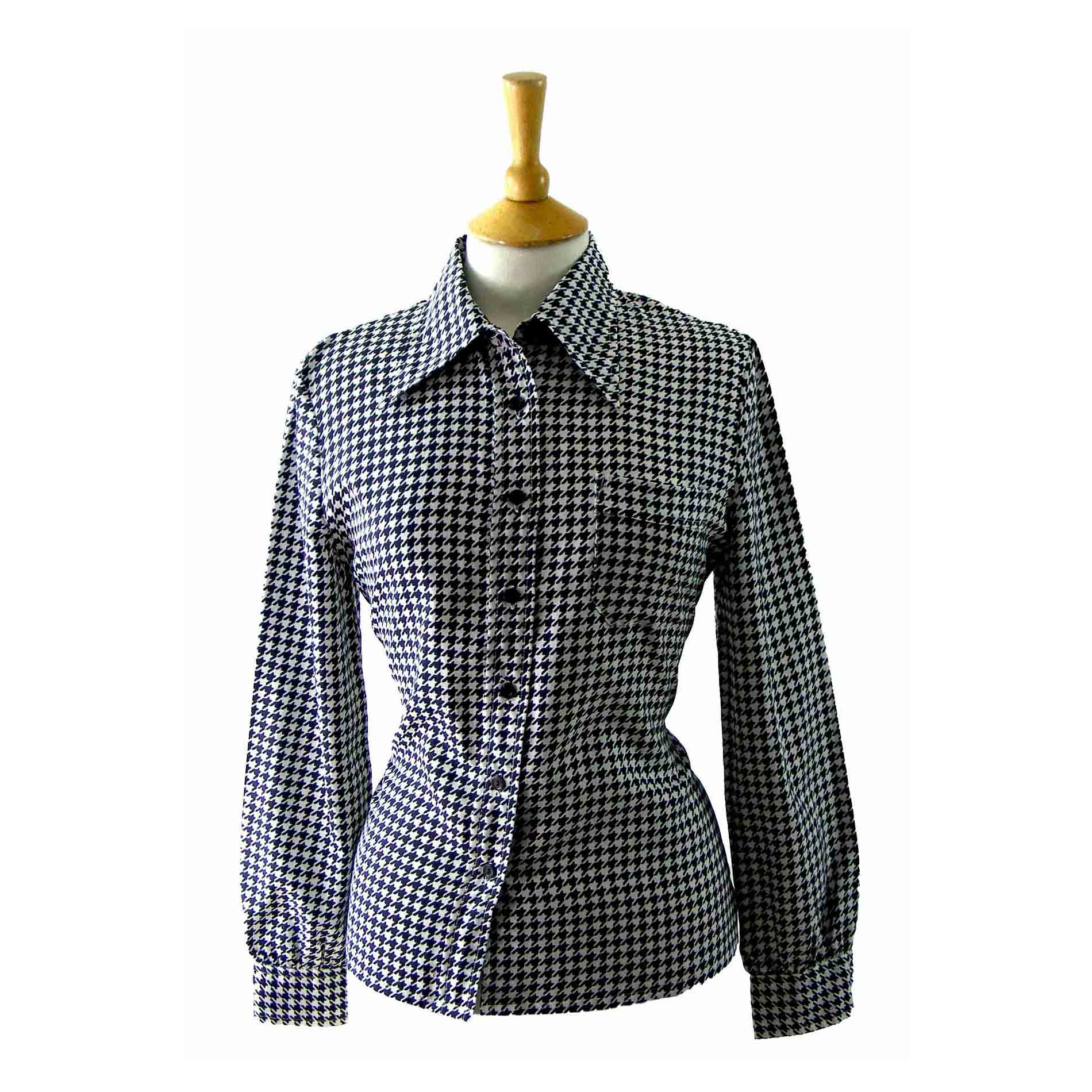 70s Black White Houndstooth blouse