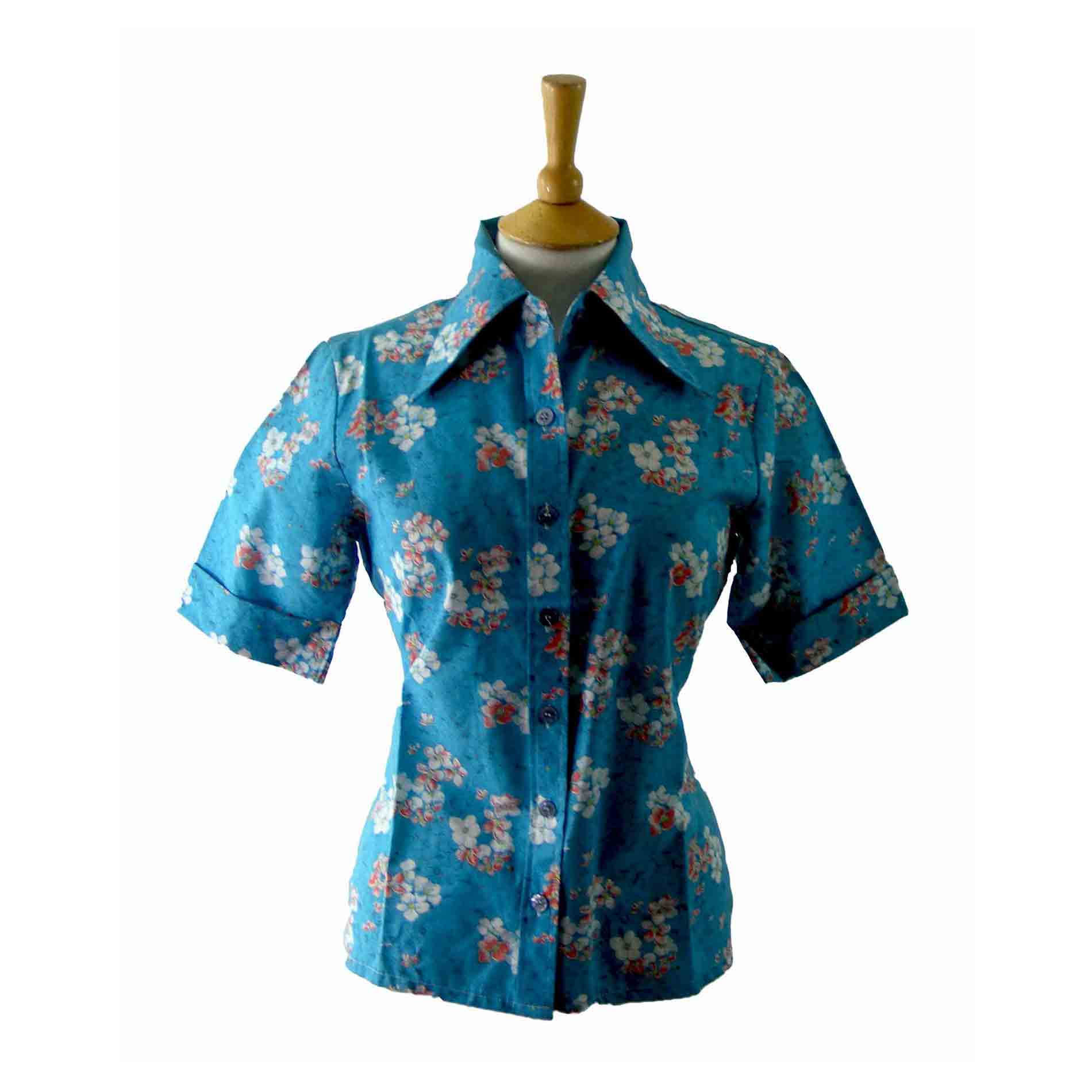 70s Blue Floral print Short Sleeve blouse