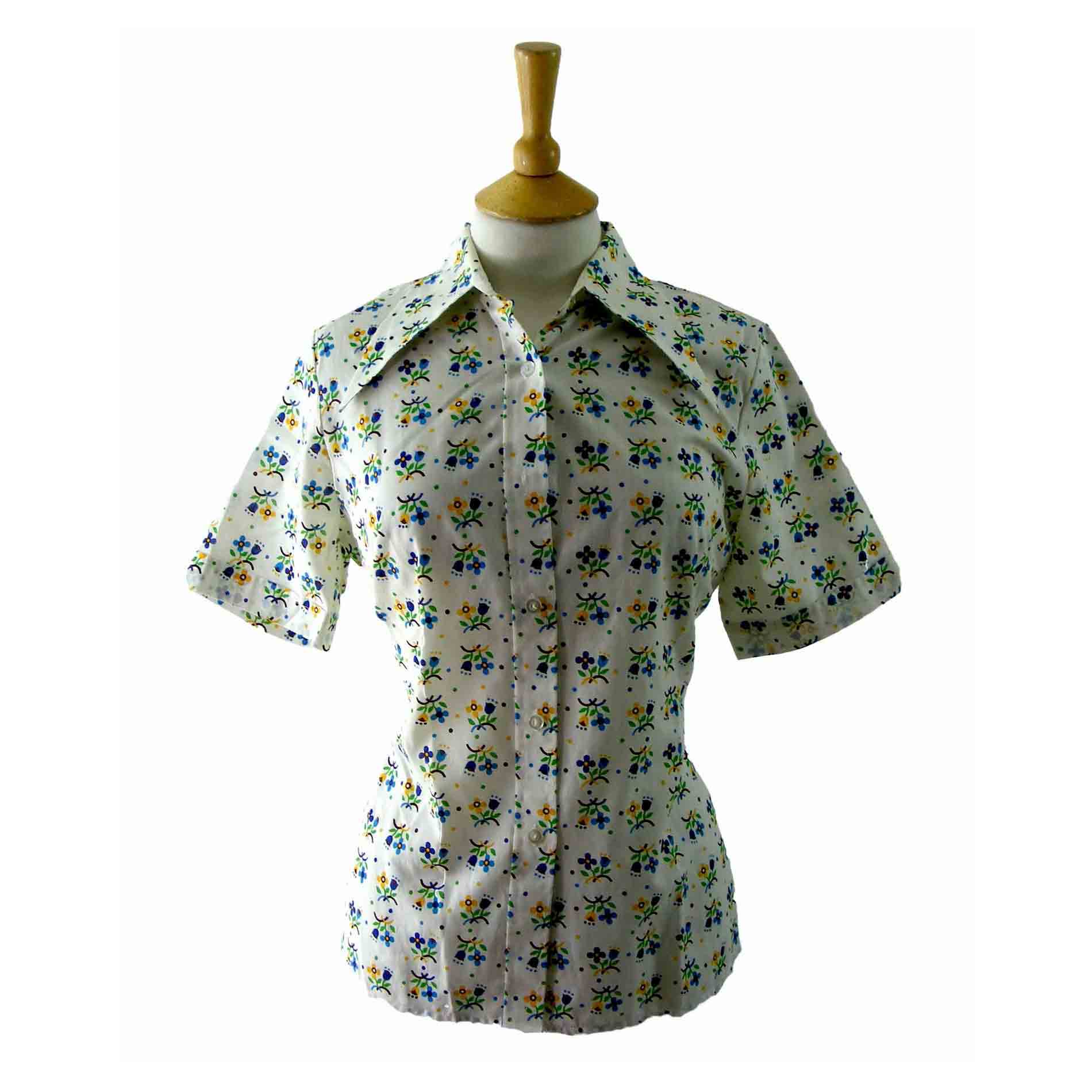 70s Multicoloured Floral print Short Sleeve blouse