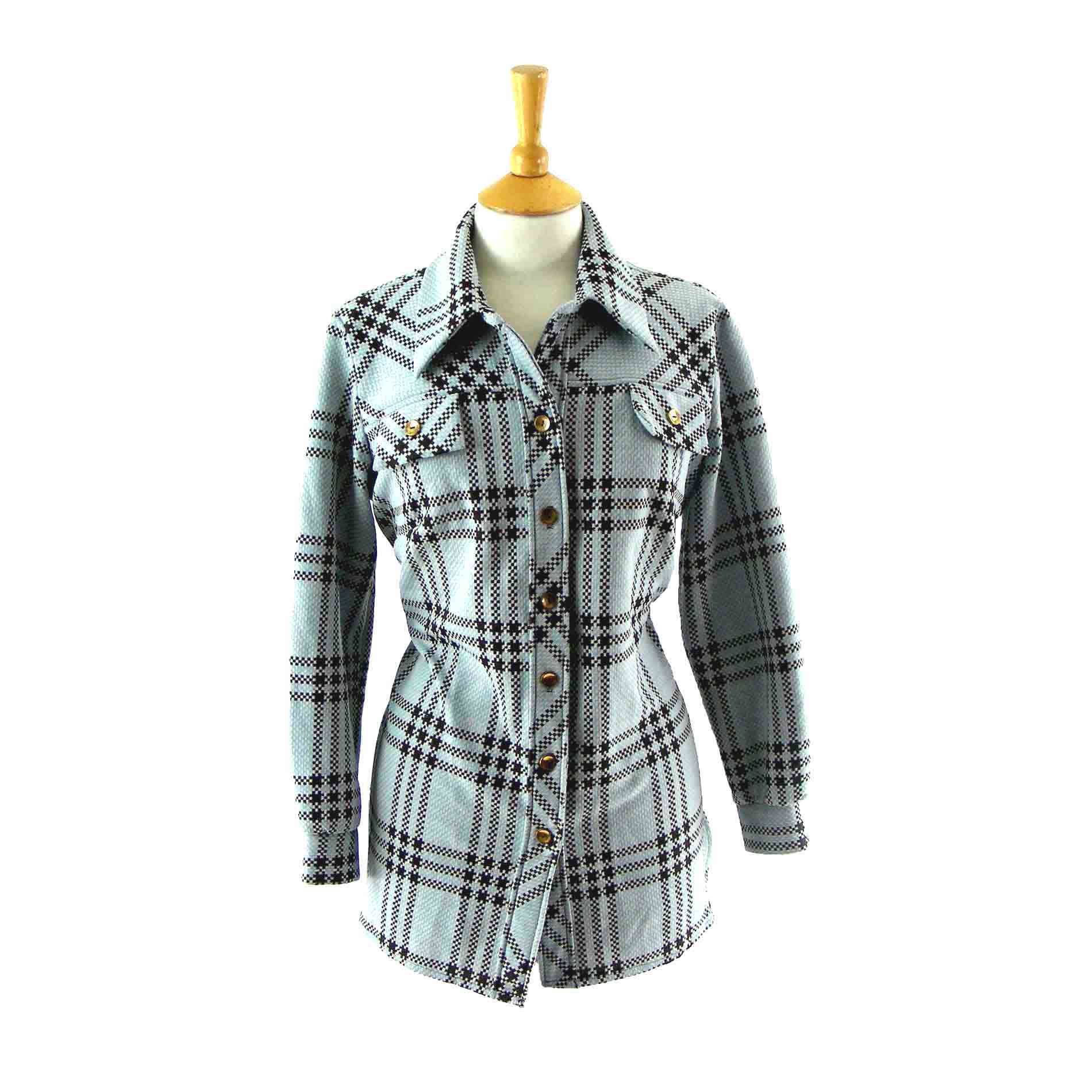 70s blue check blouse