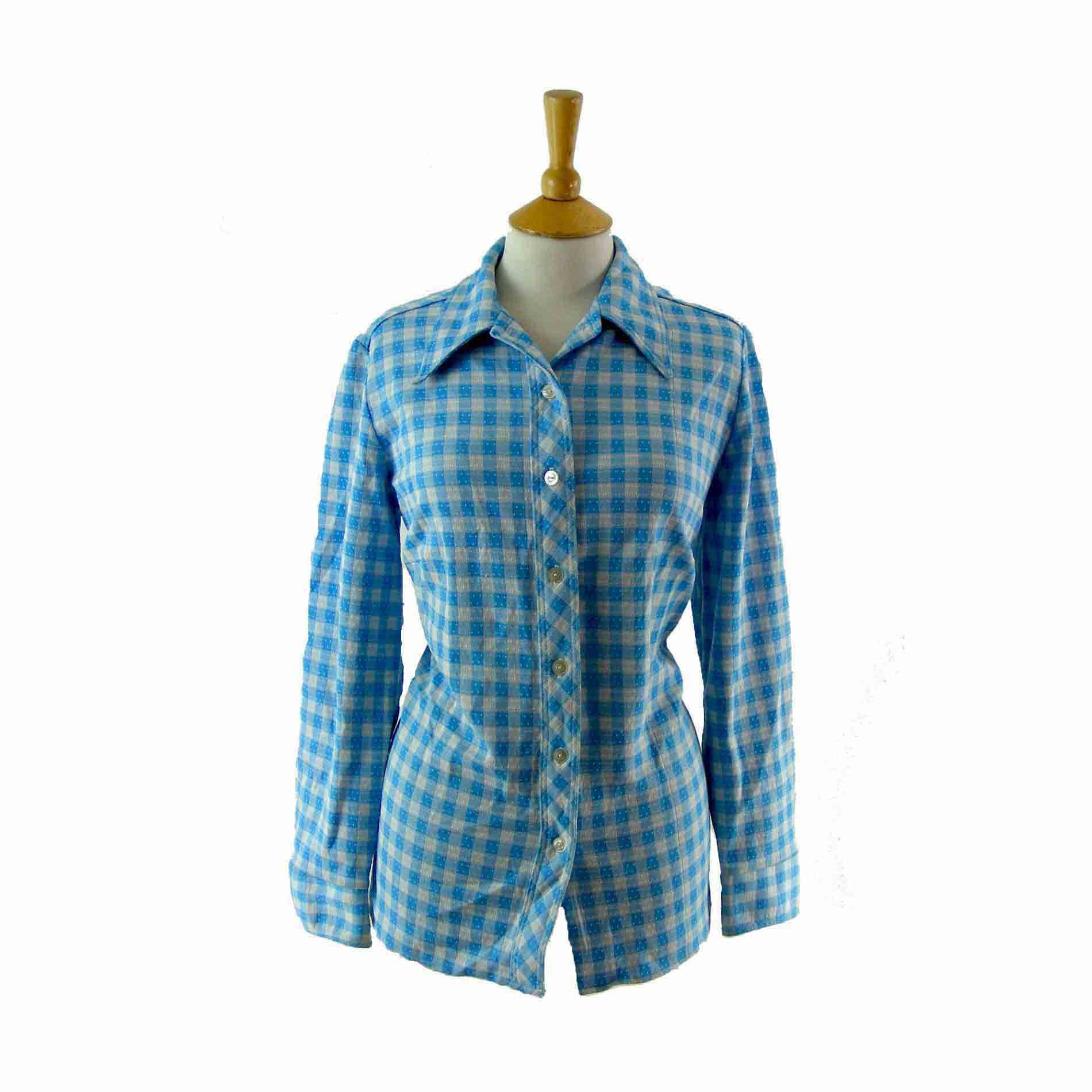70s blue gingham blouse
