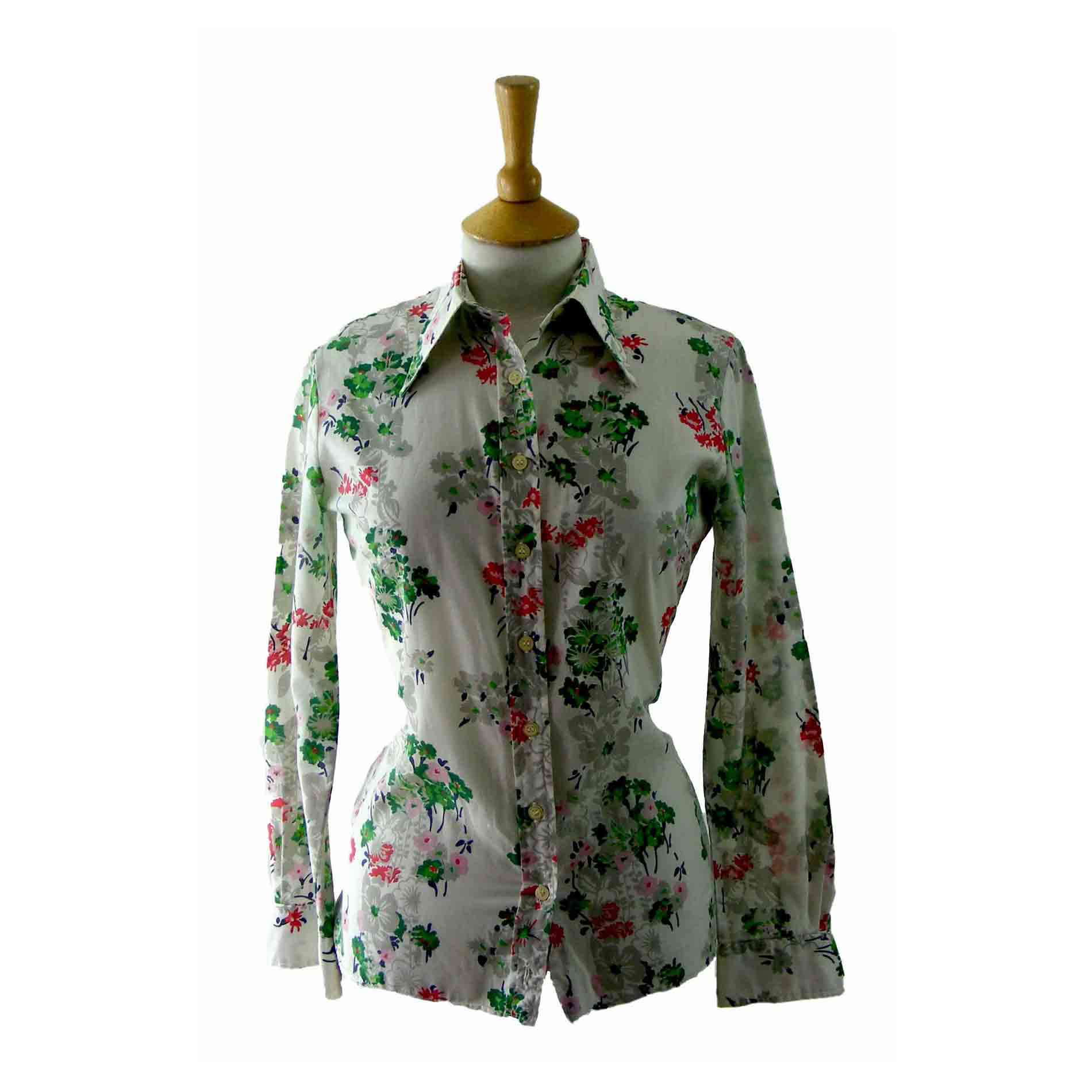 70s floral print green red blouse