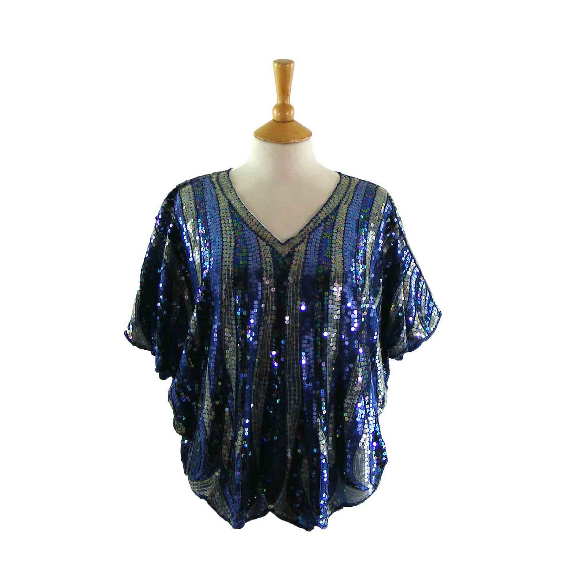 80s Batwing Sequinned Top - Blue 17 Vintage Clothing