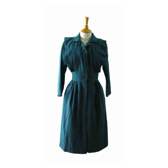 80s Blue Check Wool Dress - 8