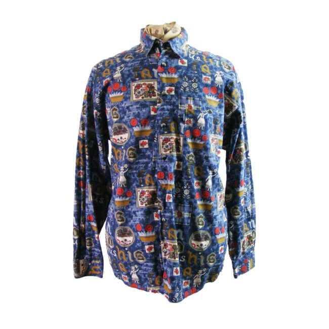 80s Blue Novelty Print Shirt - L