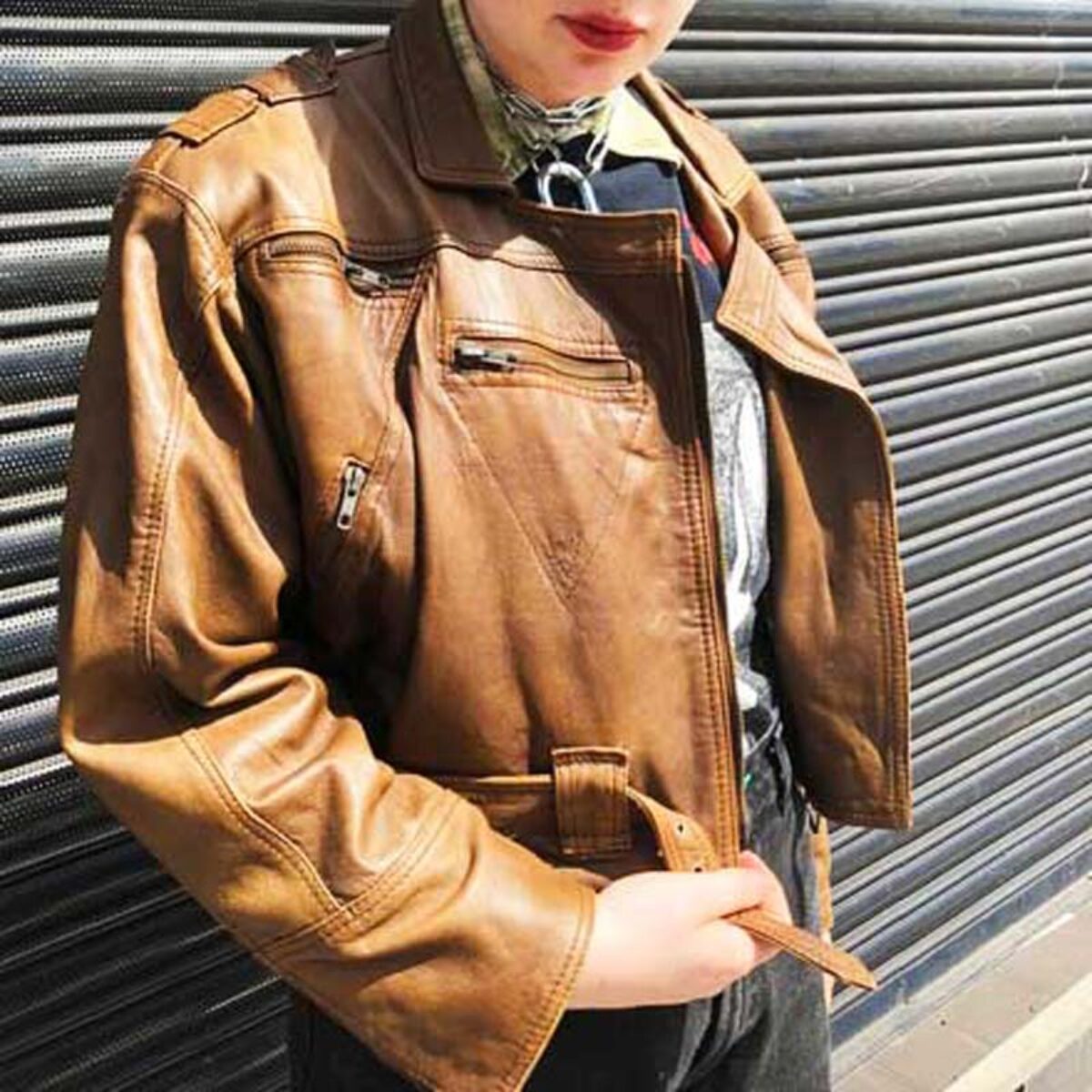 80s Cropped Brown Leather Jacket - UK 16 - Blue 17 Vintage Clothing
