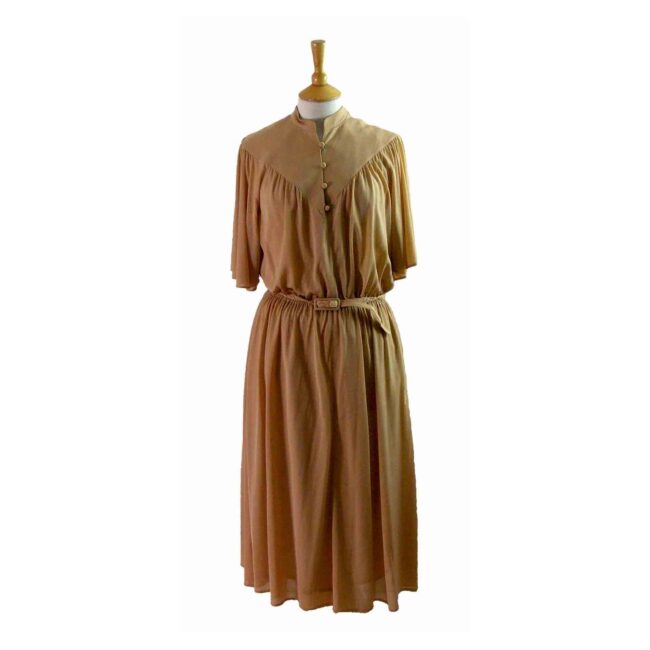 80s Light Brown Pleated Dress - 12