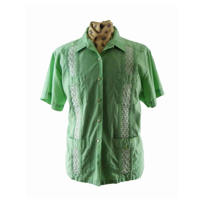 80s Lime Green Guayabera Shirt - XL