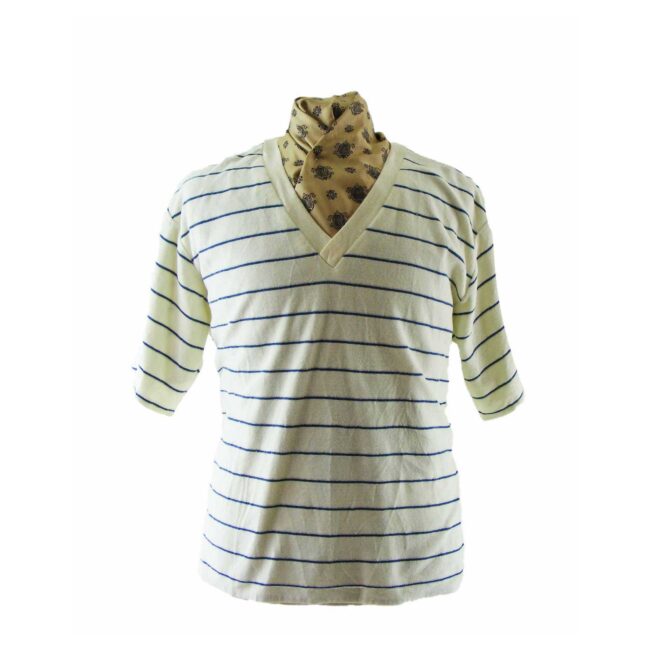 80s Mans V Neck Striped Short Sleeve Top - XL