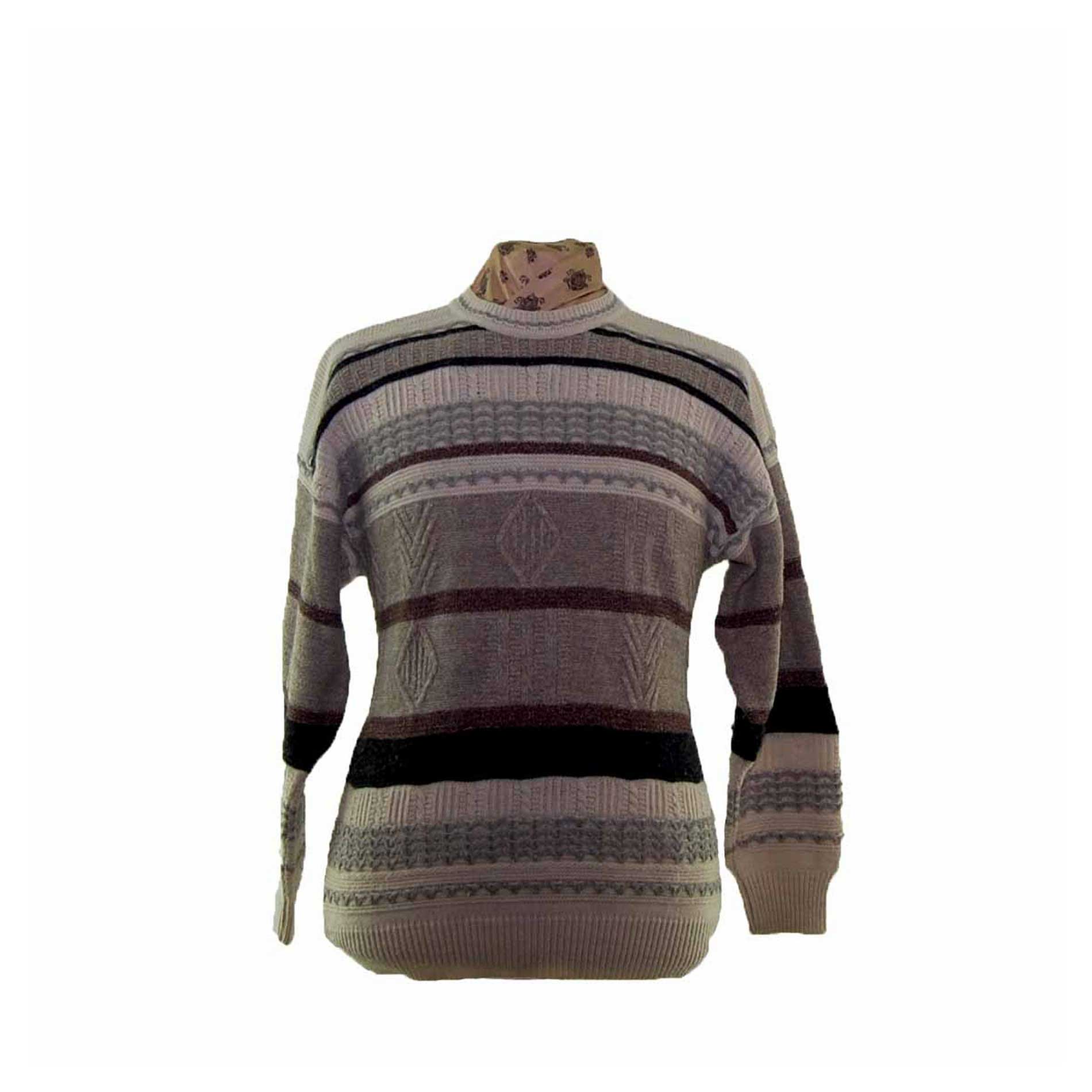 80s Mens Brown Striped Crew Neck Sweater - L