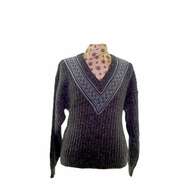 80s Mens Brown V Neck Ribbed Sweater - L