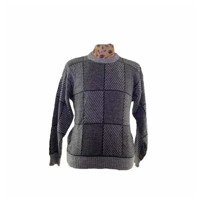 80s Mens Grey Carre Patterned Sweater - L