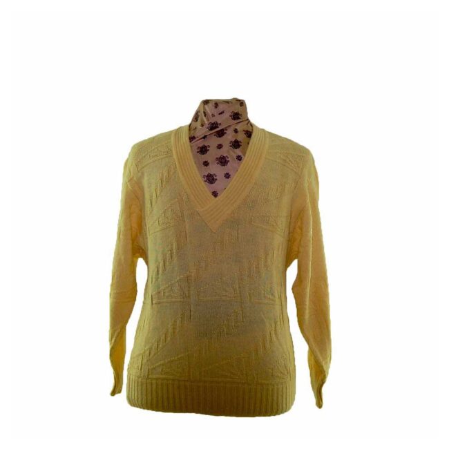 80s Mens Yellow V Neck Sweater - M