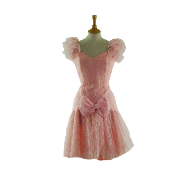 80s Pink Lace Ruffle Dress - 8