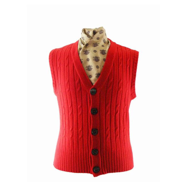 80s Red Cable Knit Button Through Tank Top - M
