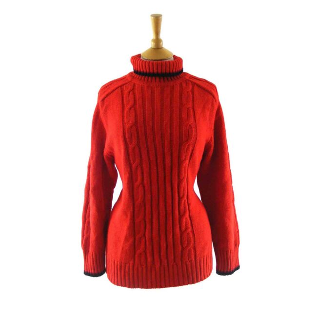 80s Red Cable Knit Roll Neck Sweater - 14